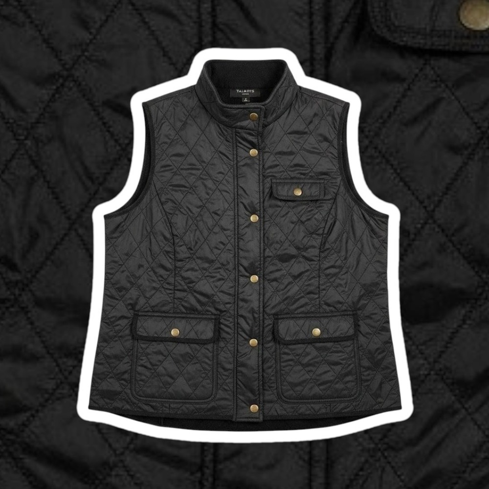 Talbots Diamond Quilted Vest 1X Black Puffer Snap Button Fleece Lined Heavy